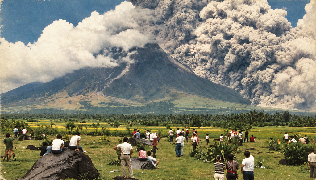 Una multitud de espectadores observa un flujo piroclástico que desciende por el flanco sureste del volcán Mayon el 24 de septiembre de 1984. Norm Banks, Servicio Geológico de Estados Unidos.