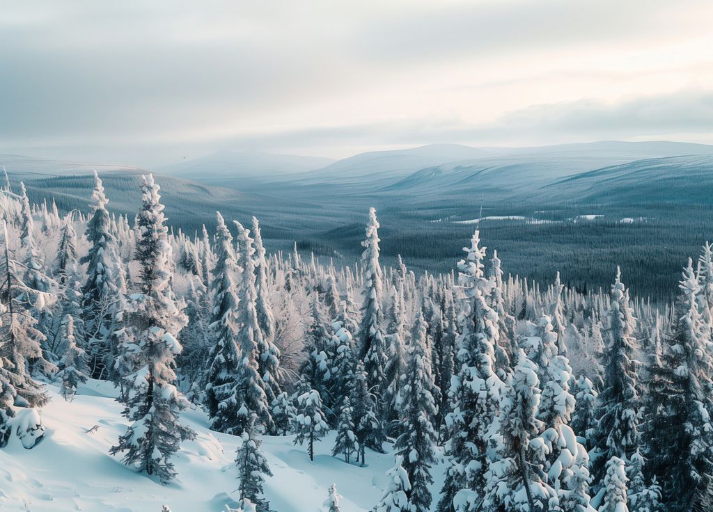 Une vue de la forêt arctique depuis le sommet, avec des arbres et des collines couverts de neige.