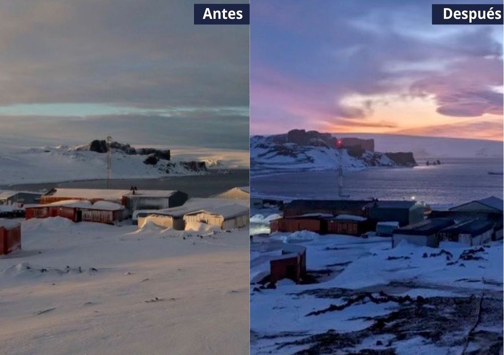 comparación de la vista de la Villa Las Estrellas, Isla Rey Jorge (Antártica), antes y después de las lluvias