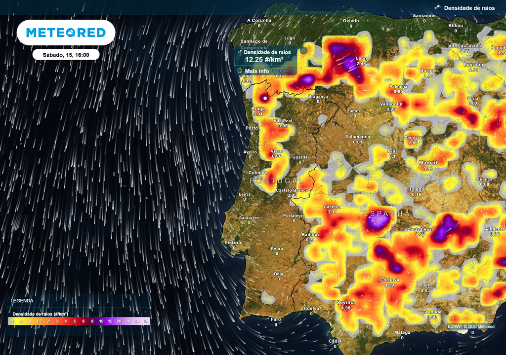 A atividade elétrica intensifica-se durante a tarde de sábado, sobretudo no Norte. Segundo o ECMWF, Viana do Castelo, Braga e Bragança estarão entre as regiões mais expostas, com alguns núcleos a apresentarem elevada densidade de raios.
