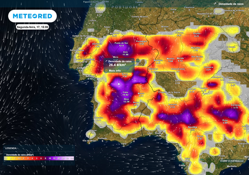 Instabilidade em Portugal: depress&atilde;o isolada traz quatro dias de trovoadas, com mais de 25 raios/km&sup2;