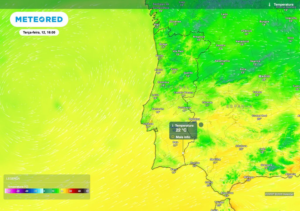 A distribuição da temperatura prevista para terça-feira reflete um ambiente relativamente fresco para a época, com valores mais baixos nas regiões Norte e Centro e temperaturas mais elevadas no Sul, onde os valores poderão aproximar-se dos 20 a 22 °C. Este contraste resulta da influência da circulação atlântica e da nebulosidade associada à depressão fria, favorecendo uma sensação térmica mais amena em grande parte do território.
