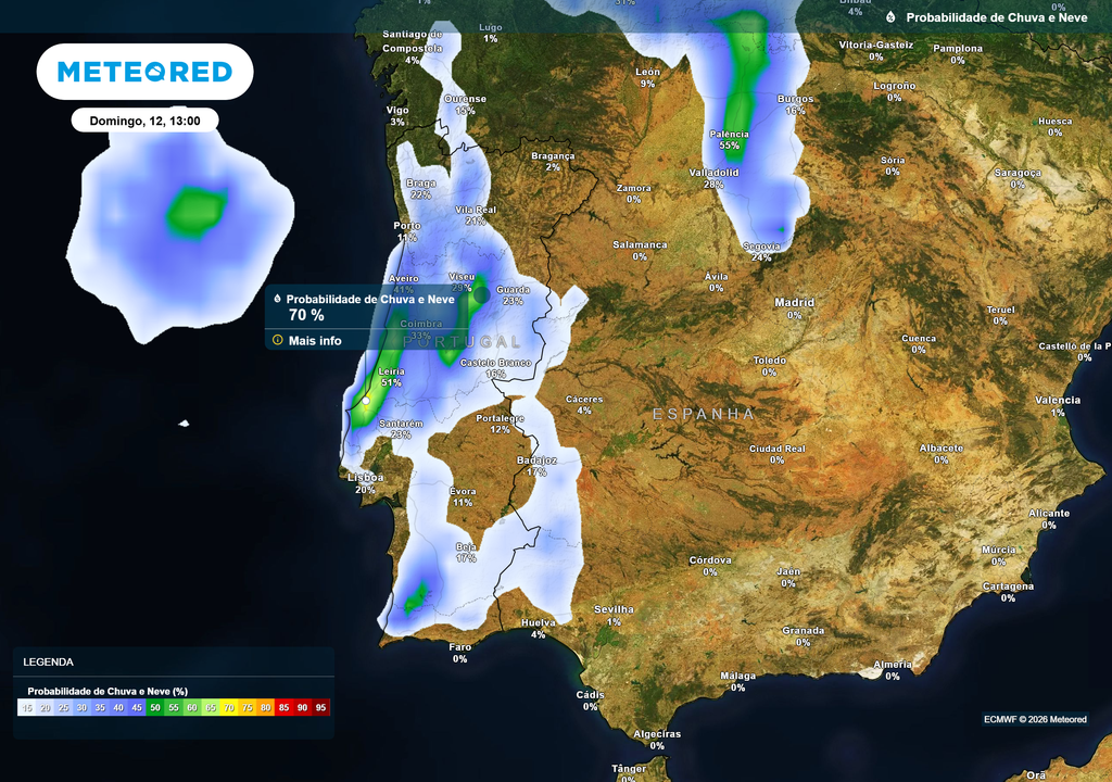 probabilidade de chuva O Litoral Oeste deverá ser das regiões mais afetadas pela ocorrência de chuva. Ainda assim, não se esperam acumulados significativos.