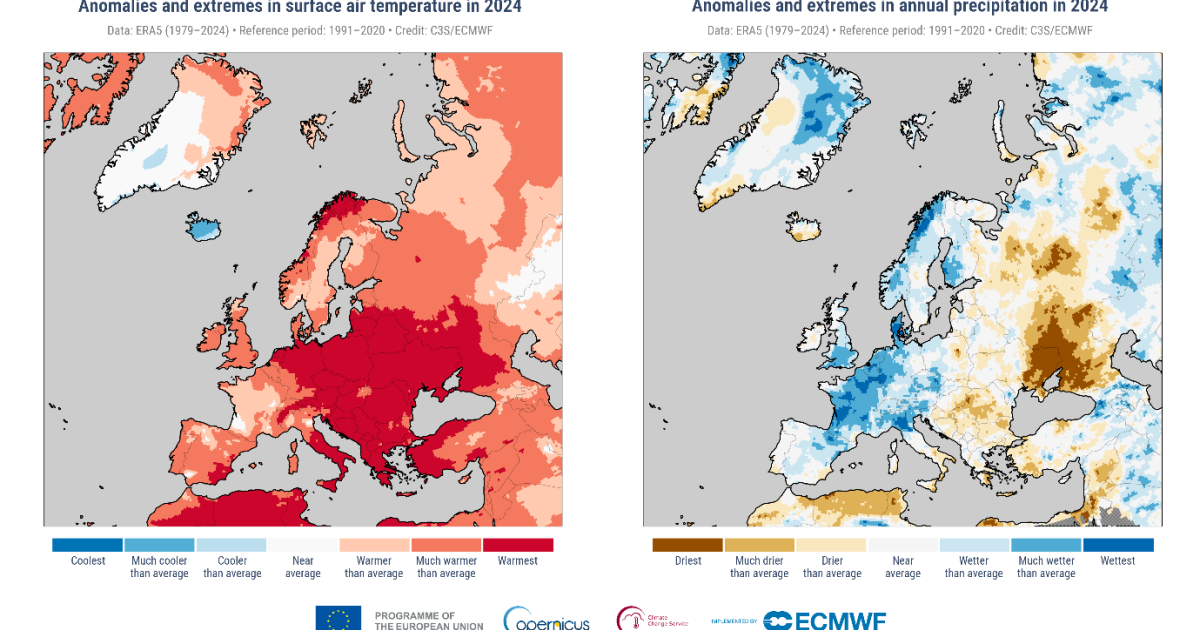 Solo para ilustración. Anomalías y valores extremos de la temperatura anual del aire en superficie en 2024. (Izquierda) Anomalías y valores extremos de la precipitación anual en 2024. (Derecha) Datos: ERA5 Crédito: C3S Copernicus