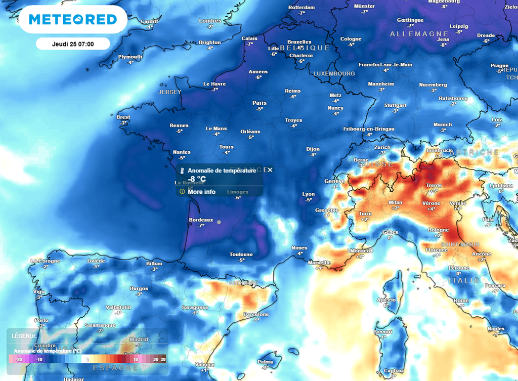 Pour la matinée de Noël, les valeurs seront localement situées jusqu'à 5°C voire localement 8°C en dessous des normales de saison.