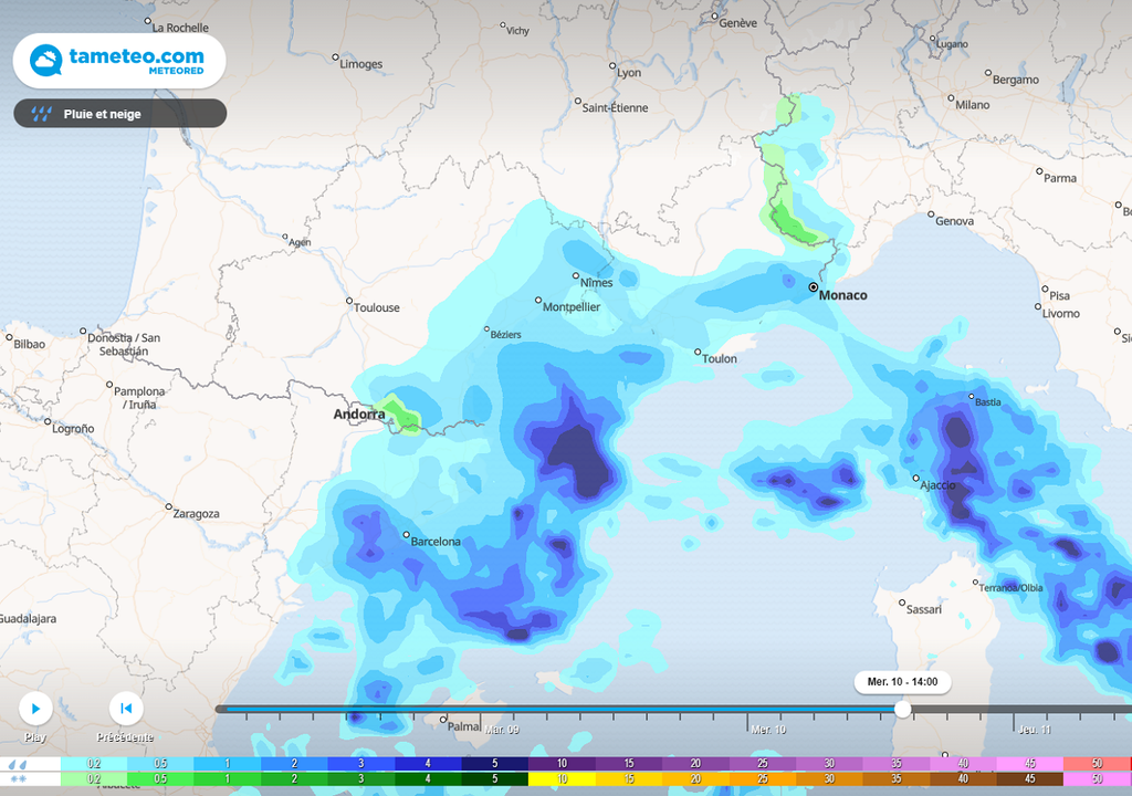 Situation prévue mercredi à la mi-journée avec de fortes pluies touchant notamment l'est de la Corse.