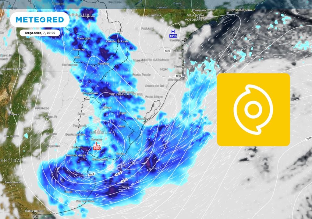 Previsão de nebulosidade e chuva na terça-feira de manhã mostra a formação de um ciclone, com centro entre o Uruguai e a Argentina, e uma frente fria sobre o Rio Grande do Sul.