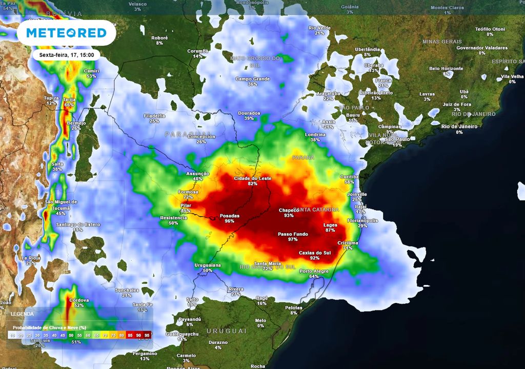 Previsão de probabilidade de chuva na sexta-feira durante a tarde.