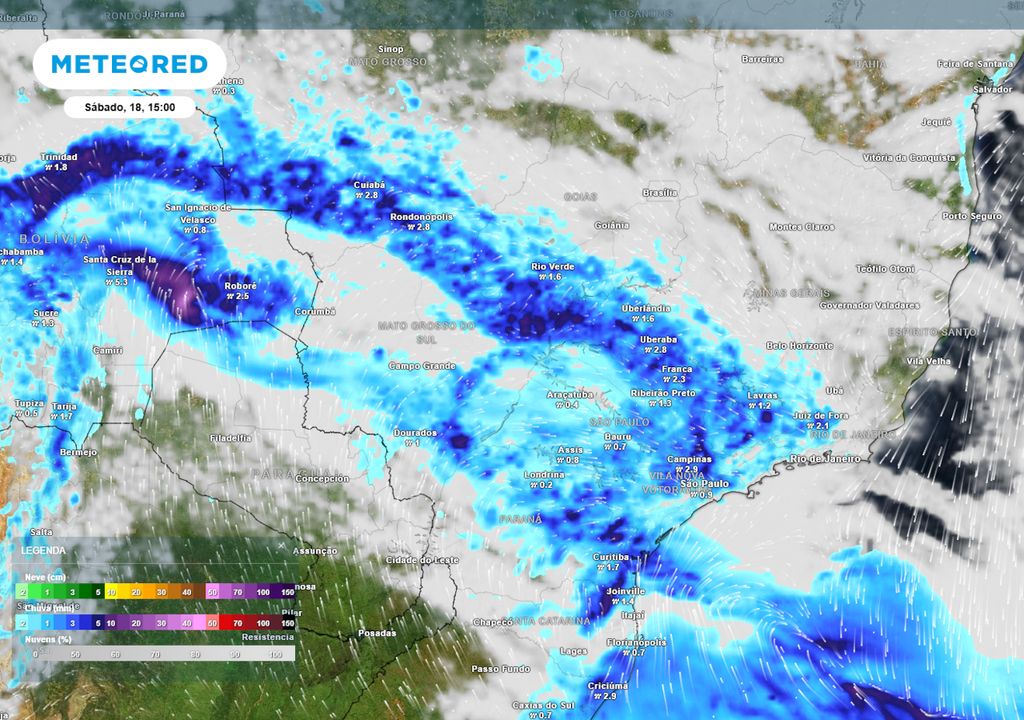 Previsão de nebulosidade, ventos e chuva no sábado durante a tarde.