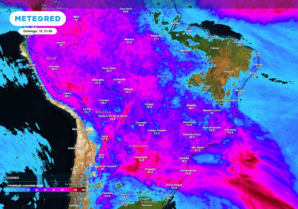 Previsão de acumulados totais de chuva até o final do domingo.