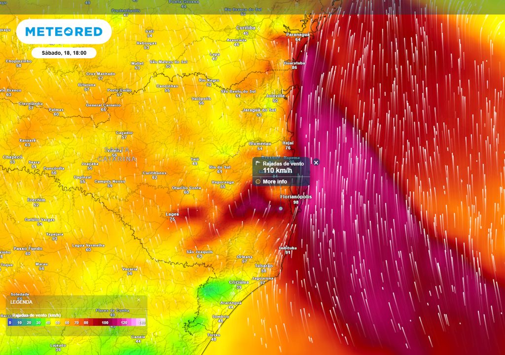 Previsão de picos de velocidade dos ventos no sábado durante a tarde.