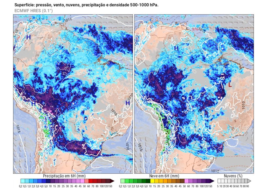Previsão de chuva no dia 25 de Dezembro durante a tarde (esquerda) e a noite (direita).