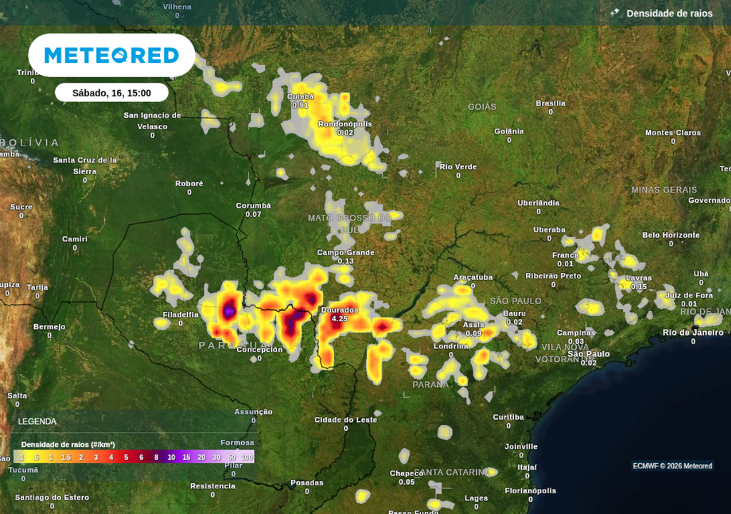 Previsão de tempestades para sábado (16), segundo o ECMWF. Previsão de tempestades para sábado (16), segundo o ECMWF.
