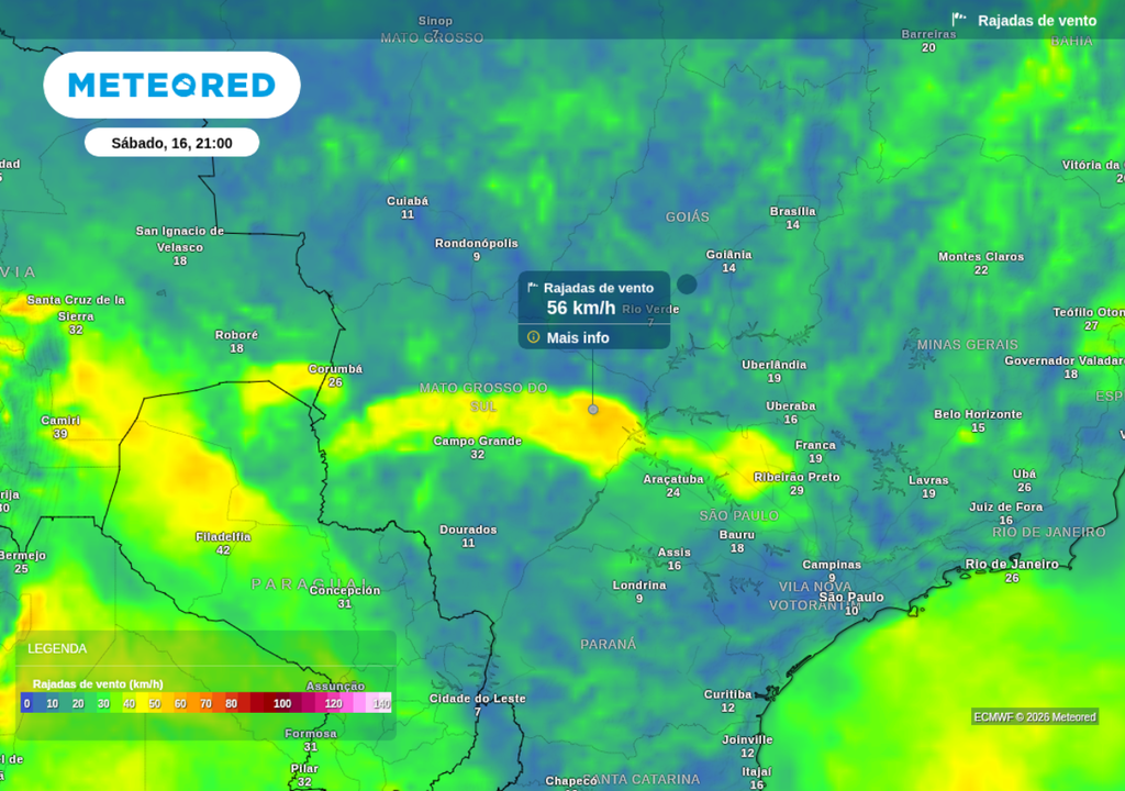 Previsão de rajada de vento para sábado (16), segundo o ECMWF. Previsão de rajada de vento para sábado (16), segundo o ECMWF.
