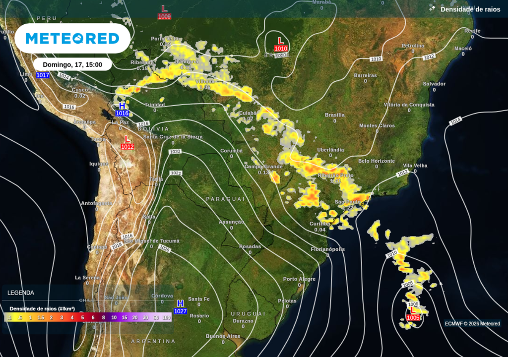Previsão de ciclone (L) e tempestades para domingo (17), segundo o ECMWF. Previsão de ciclone (L) e tempestades para domingo (17), segundo o ECMWF.