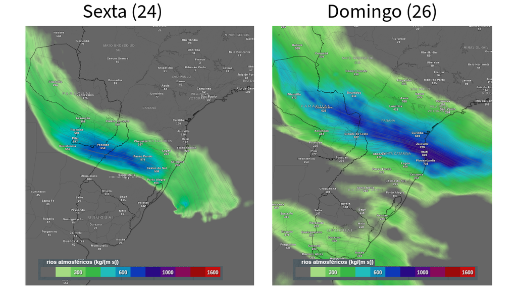 Previsão de rio atmosférico nesta sexta-feira (24) e domingo (26), segundo o ECMWF.