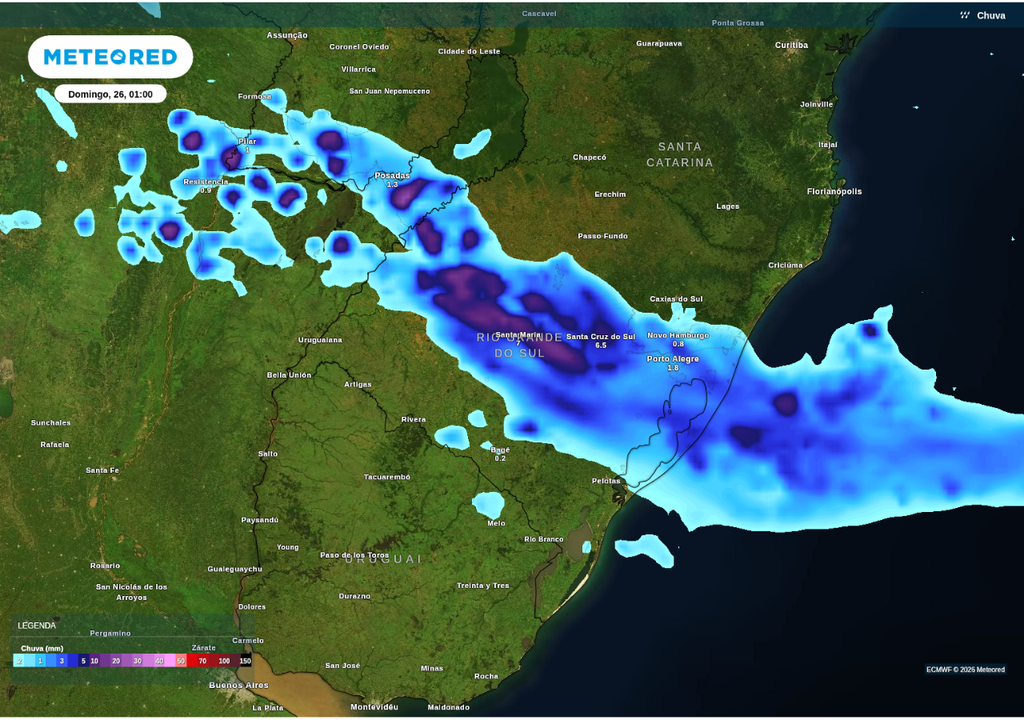 Previsão de chuvas intensas na sexta-feira (24), de acordo com o ECMWF.