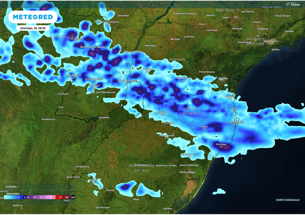 Previsão de chuva no domingo (24), de acordo com o ECMWF.