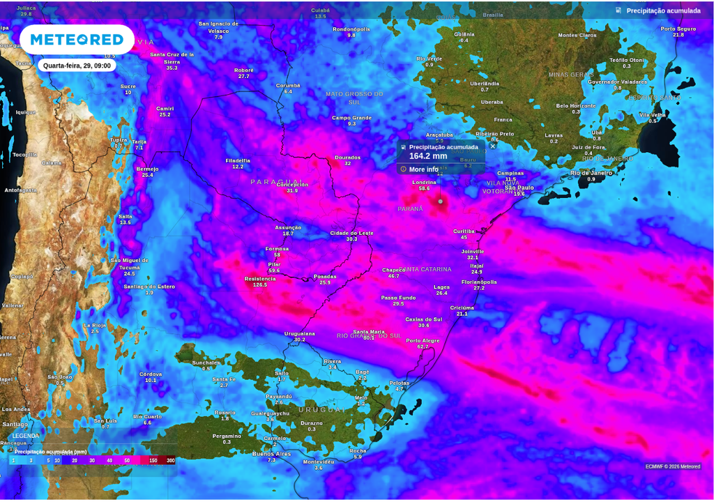 Previsão de chuva acumulada até o final da terça-feira (28), de acordo com o ECMWF.