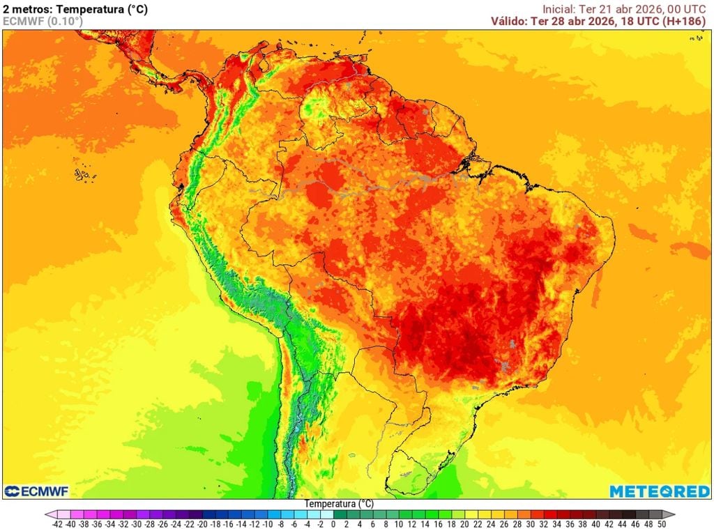 Tendência das temperaturas máximas para a terça-feira, 28 de abril.