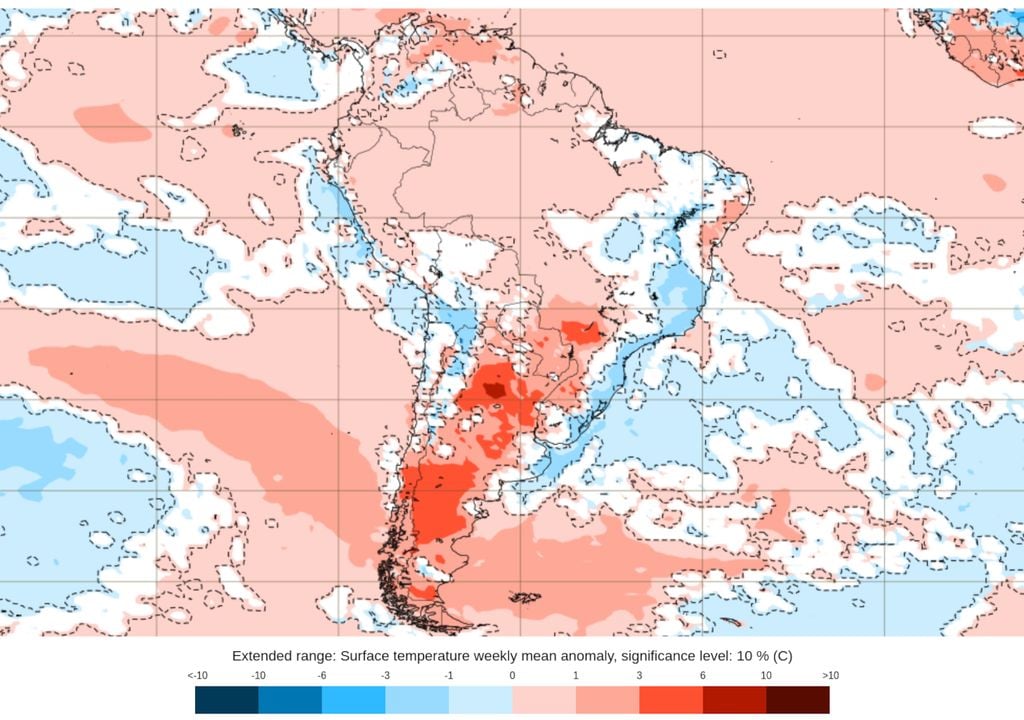 Anomalias de temperatura previstas pelo modelo ECMWF entre 06 e 13 de Janeiro.