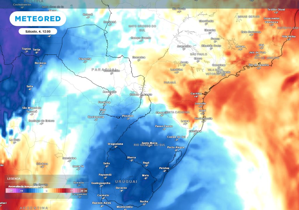 Previsão de anomalias de temperatura em 850 hPa no sábado às 12h.