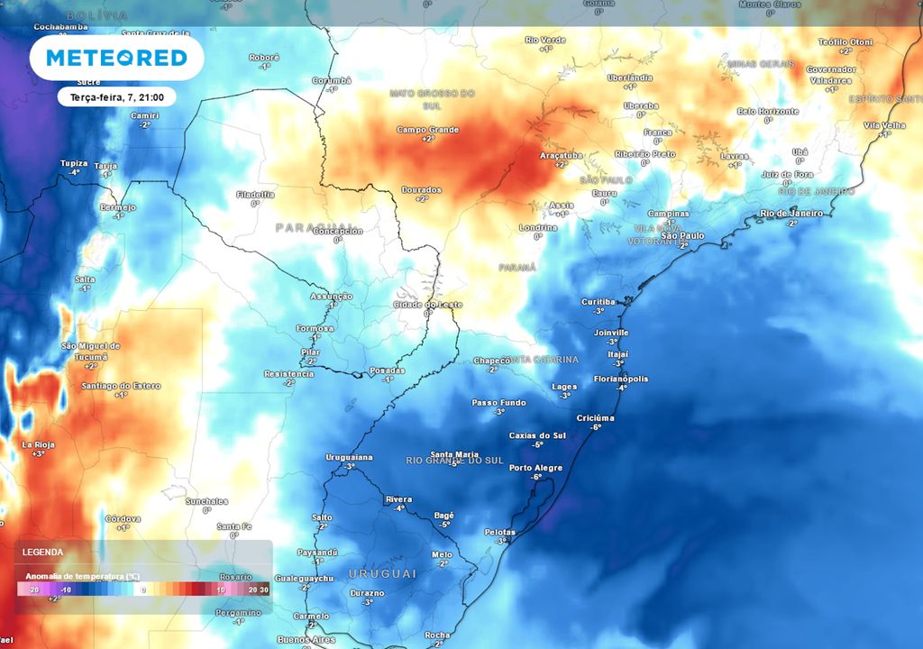 Previsão de anomalias de temperatura em 850 hPa na terça-feira às 21h.