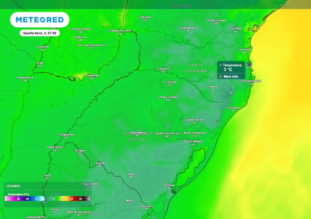 Previsão de temperaturas mínimas na quarta-feira durante o início da manhã. Previsão de temperaturas mínimas na quarta-feira durante o início da manhã mostra que grande parte da região sul registrará menos de 10°C, com possibilidade de geada na região serrana.