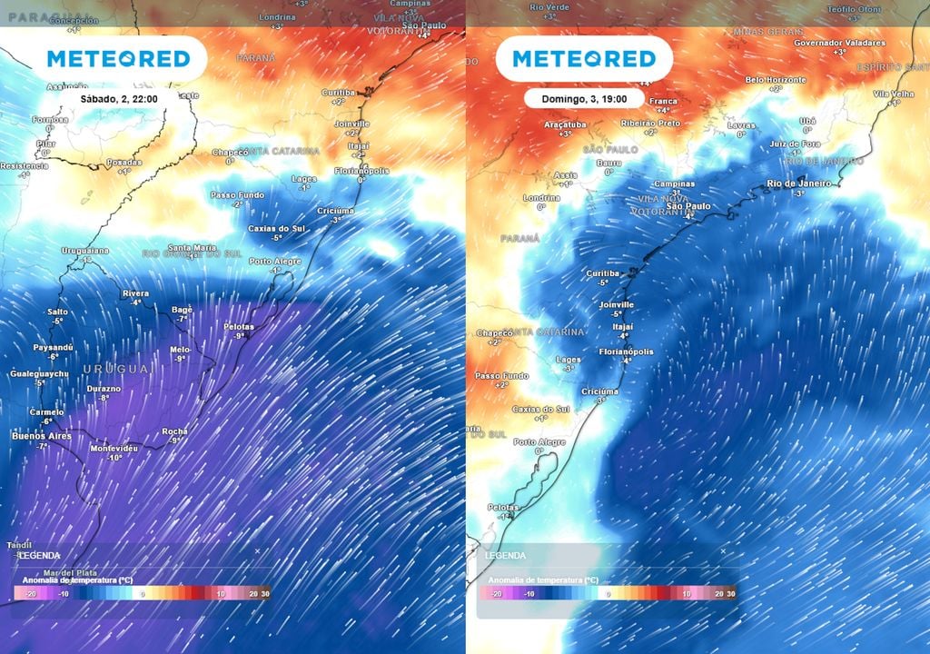 Previsão de anomalias de temperatura em 850 hPa no sábado e no domingo mostram uma massa de ar frio avançando pelo país que fará as temperaturas caírem ao longo dos próximos dias.