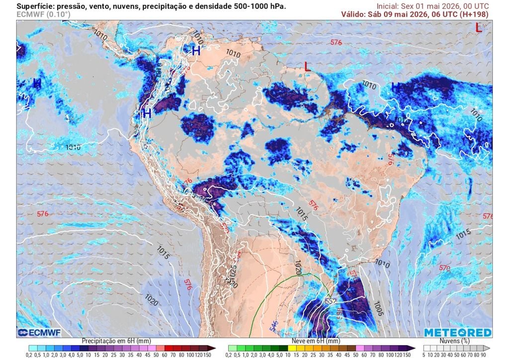 Previsão de pressão, vento, nuvens, precipitação e densidade atmosférica sábado que vem (9) mostra que existem condições e possibilidade de formação de precipitação invernal no sul.