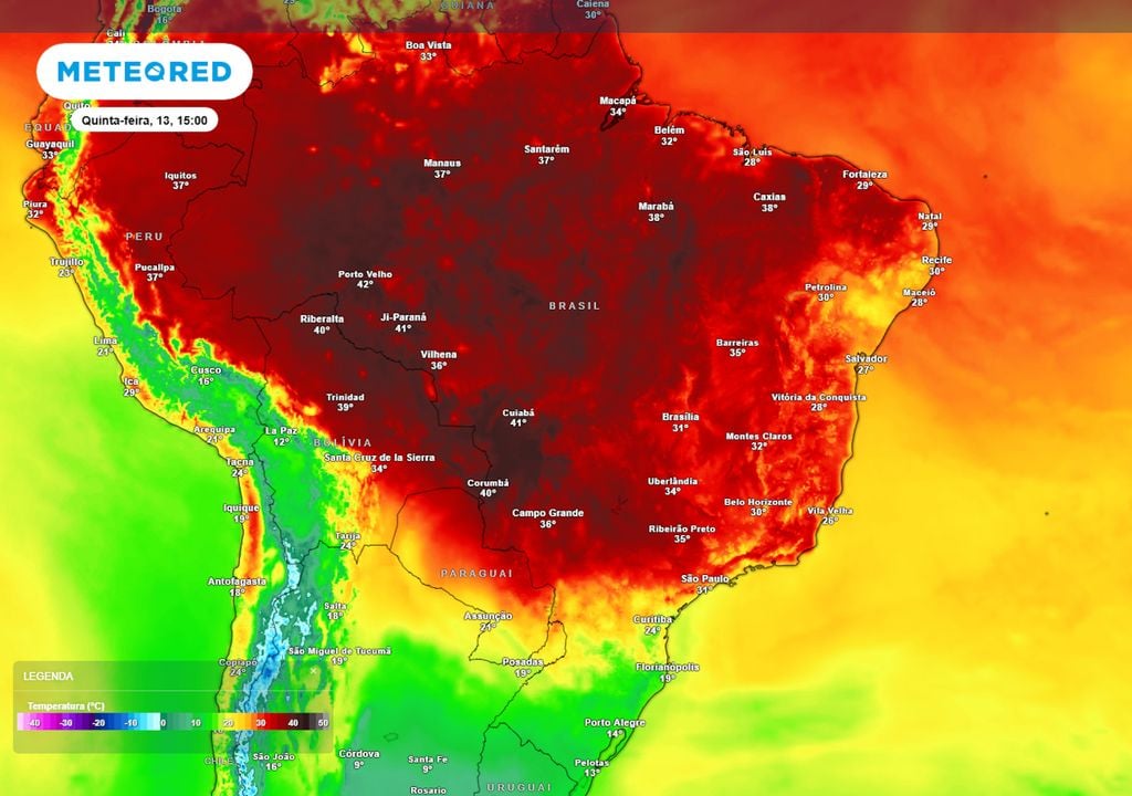 Previsão de temperaturas máximas nesta quinta-feira durante a tarde. Previsão de temperaturas máximas nesta quinta-feira durante a tarde mostra que as temperaturas voltam a subir consideravelmente, chegando a 40°C no oeste de São Paulo e de Minas Gerais.