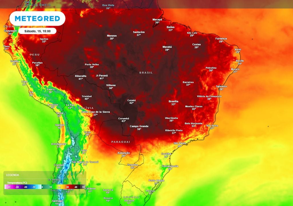 Previsão de temperaturas máximas neste sábado. Previsão de temperaturas máximas neste sábado mostra que o calor ganhará intensidade em todo o país ao longo dos próximos dias, chegando a até 44°C no centro-norte do país.