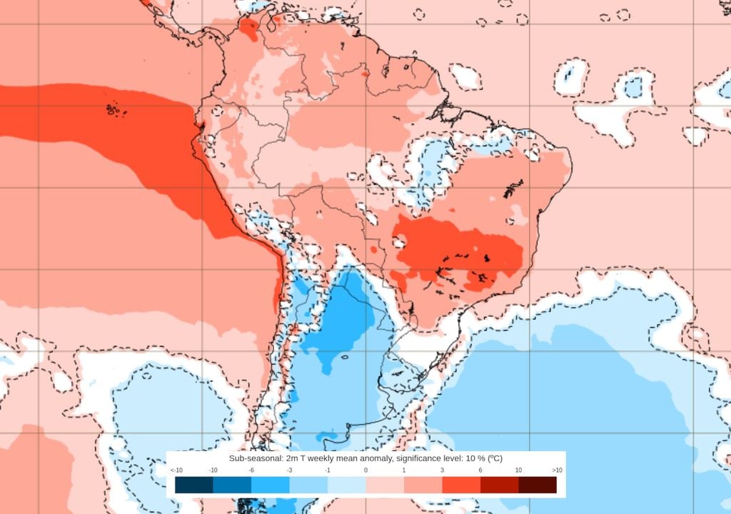 Previsão de anomalias de temperatura entre os dias 10 e 17 de Agosto. Previsão de anomalias de temperatura entre os dias 10 e 17 de Agosto mostra que a maior parte do país permanecerá com temperaturas acima da média apesar da massa de ar frio.
