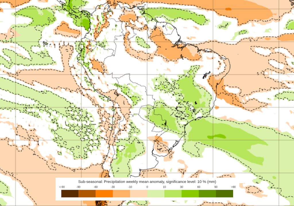 Previsão de anomalias de chuva entre os dias 3 e 10 de Novembro.