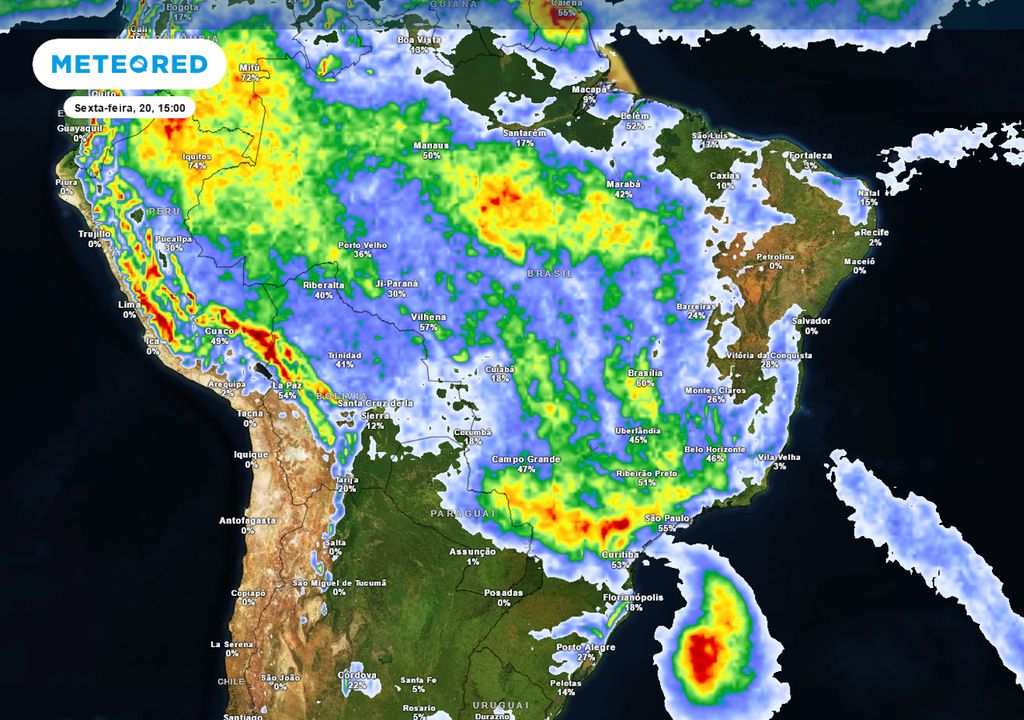 Previsão de probabilidade de chuva na sexta-feira durante a tarde.