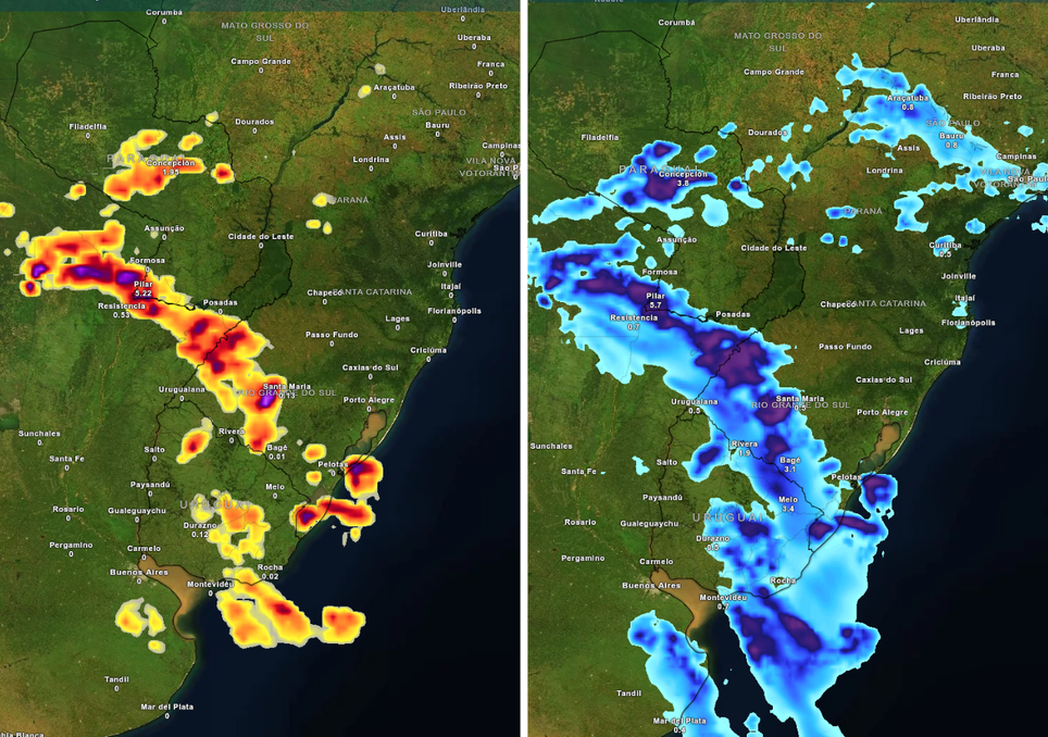 Previsão de tempestades (esquerda) e chuvas intensas (direita) na manhã de domingo (16), de acordo com o ECMWF.