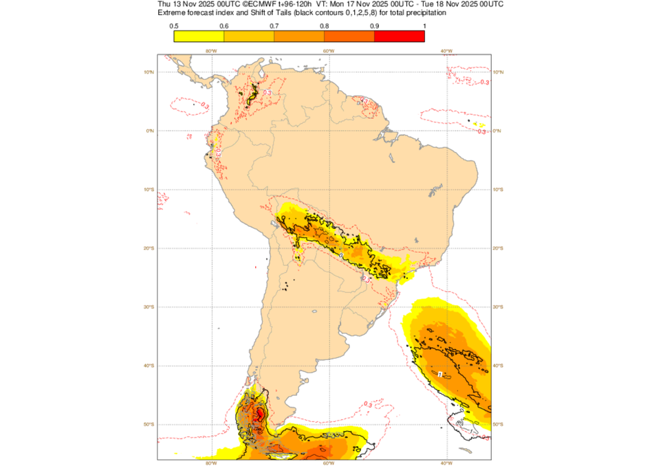 EFI do ECMWF para a precipitação nesta segunda-feira (17). Créditos: ECMWF.
