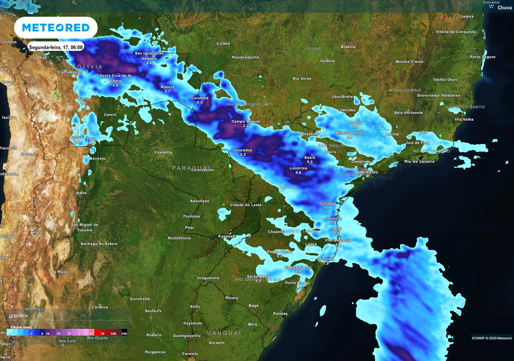 Previsão de chuvas intensas nesta segunda-feira (17), de acordo com o ECMWF. Previsão de chuvas intensas nesta segunda-feira (17), de acordo com o ECMWF.