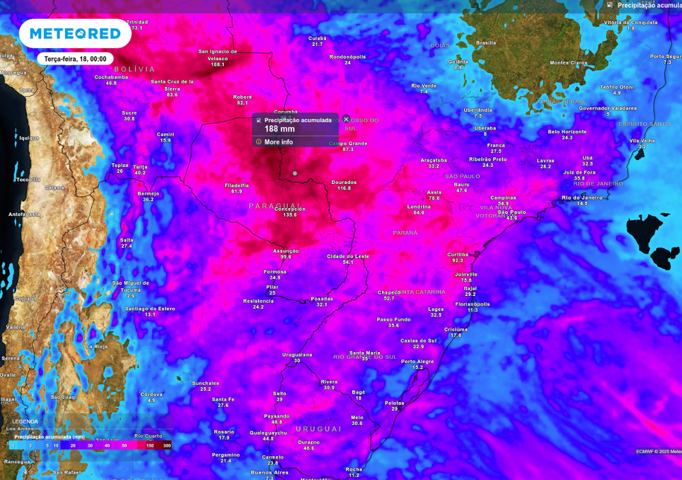 Previsão de chuva acumulada até o final de segunda-feira (17), de acordo com o ECMWF.