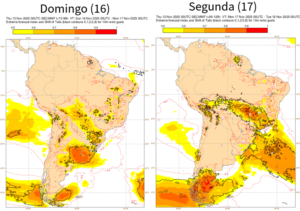 EFI do ECMWF para rajadas de vento no domingo (16) e segunda-feira (17). Créditos: ECMWF.