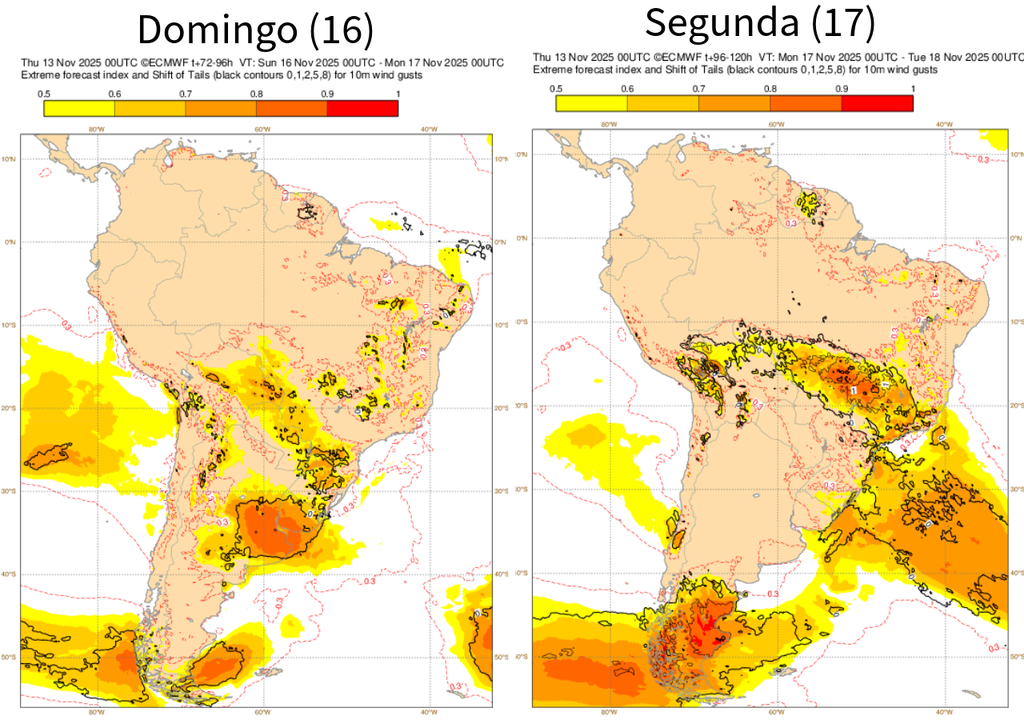 EFI do ECMWF para rajadas de vento no domingo (16) e segunda-feira (17). Créditos: ECMWF. EFI do ECMWF para rajadas de vento no domingo (16) e segunda-feira (17). Créditos: ECMWF.
