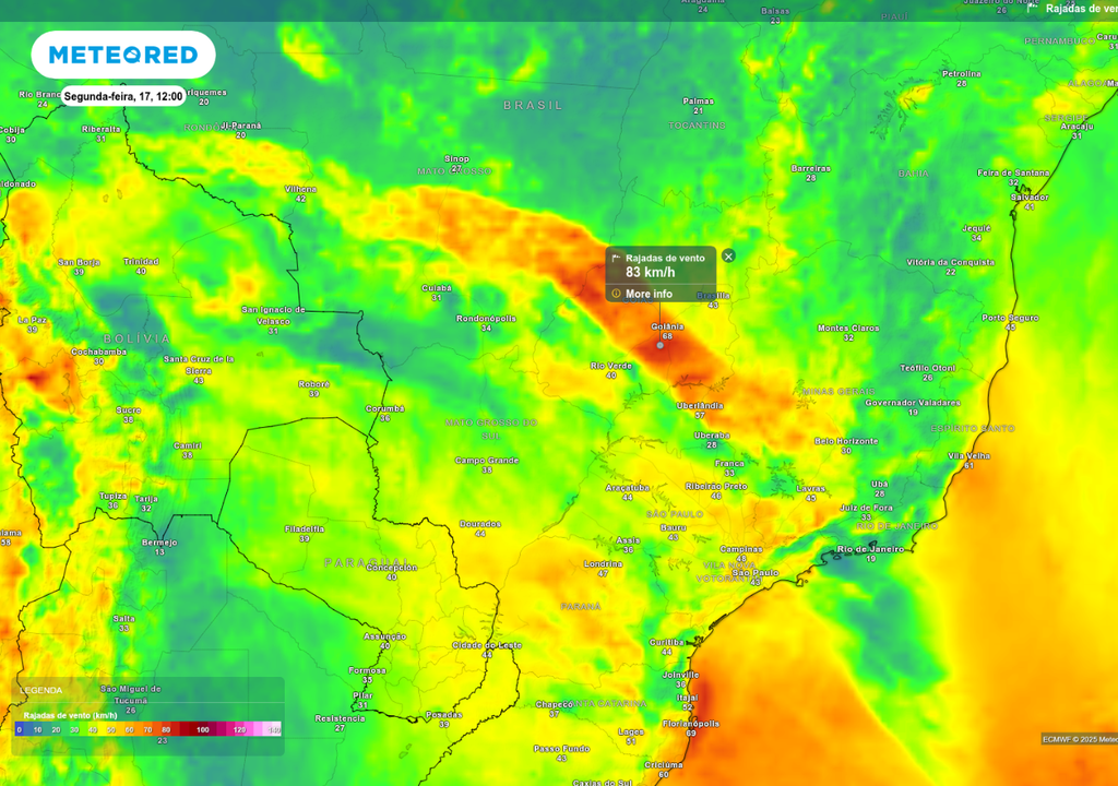 Previsão de rajadas de vento na segunda-feira (17), de acordo com o ECMWF. Previsão de rajadas de vento na segunda-feira (17), de acordo com o ECMWF.