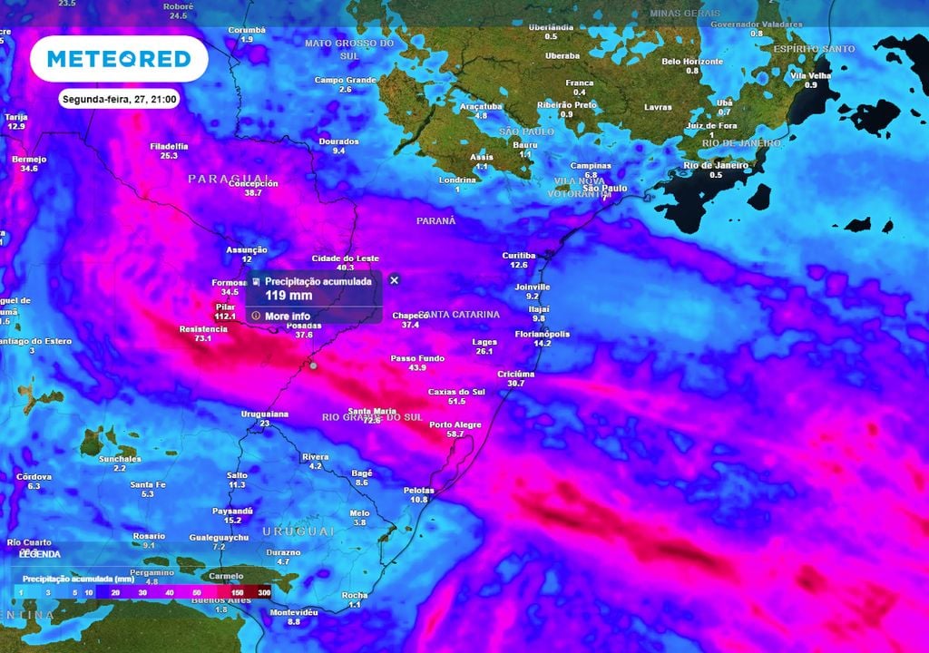 Previsão de acumulados totais de chuva até o final da segunda-feira mostra que os acumulados de chuva podem ultrapassar os 100 mm em diversos municípios, especialmente no RS.