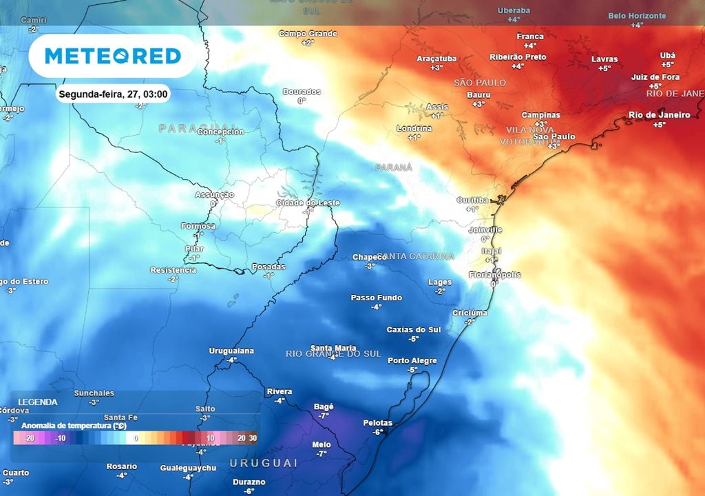 Previsão de anomalias de temperatura em 850 hPa na segunda-feira de madrugada mostra a abrangência da massa de ar frio que avançará durante o final de semana, cobrindo diversos estados.