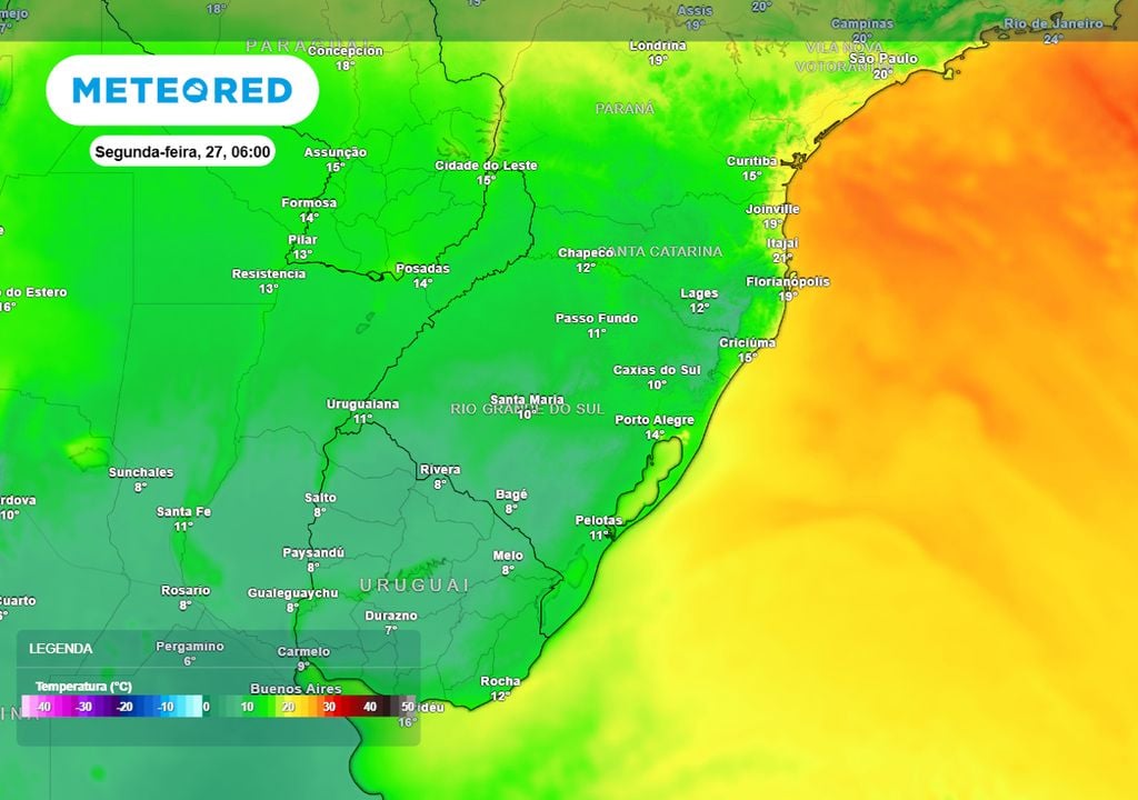 Previsão de temperaturas mínimas na segunda-feira durante a madrugada mostra que grande parte do RS e parte de SC registrarão temperaturas abaixo dos 10°C, com risco de geadas pontuais.
