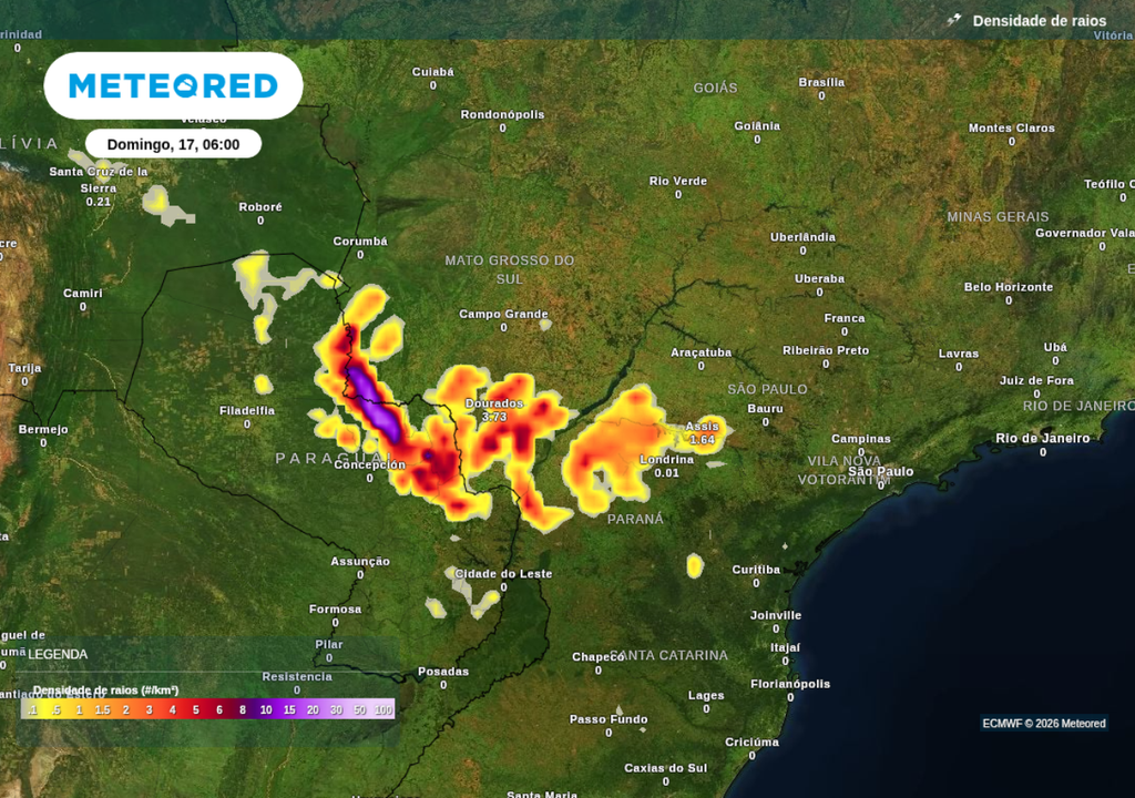 Previsão de tempestades para domingo (16), segundo o ECMWF.