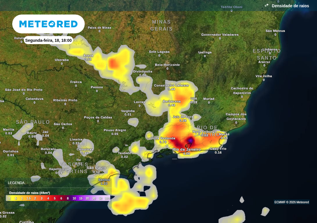 Tempestades ganham força sobre o Rio de Janeiro no final da segunda-feira (18), segundo o ECMWF.