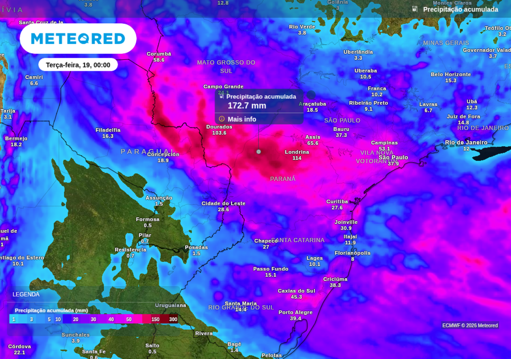 Previsão de precipitação acumulada até o final da segunda-feira (18), segundo o ECWMF.