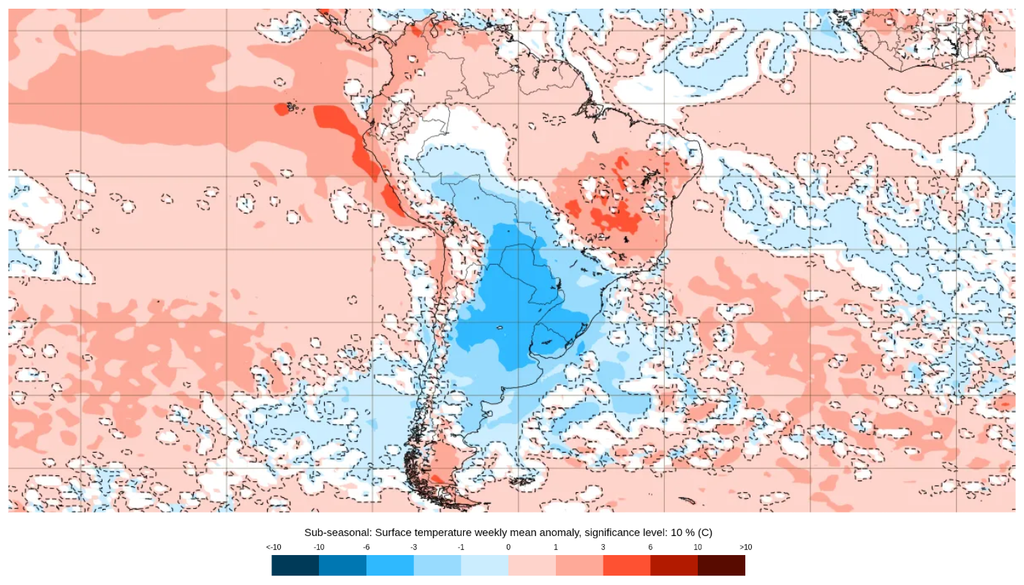 Previsão de anomalia semanal de temperatura do ar entre 18 e 25 de maio, segundo o ECMWF. Créditos: ECMWF.