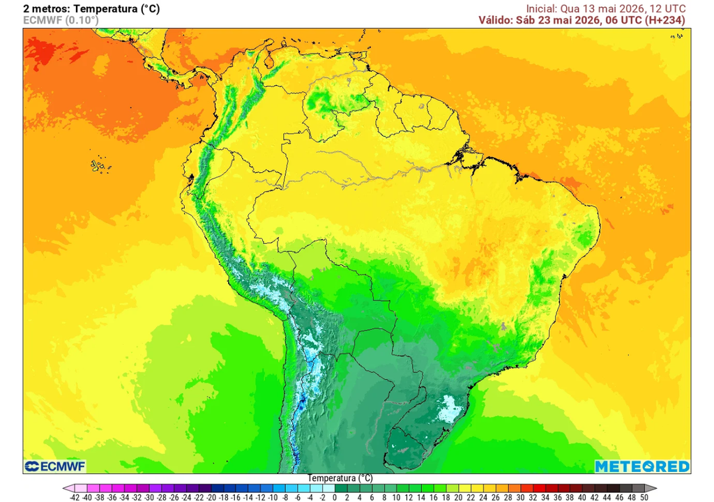 Previsão de temperatura na madrugada de sábado (23), segundo o ECMWF.